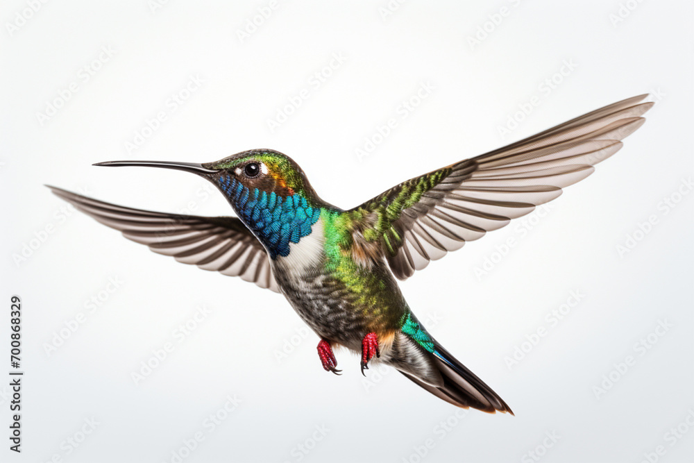 Obraz premium Colorful Hummingbird flying on a white background. Animal side portrait. 
