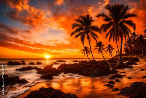 Intense orange sunset illuminating a seascape with palm trees © IBRAHEEM'S AI
