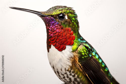 Colorful Hummingbird close-up portrait on a white background.	 photo