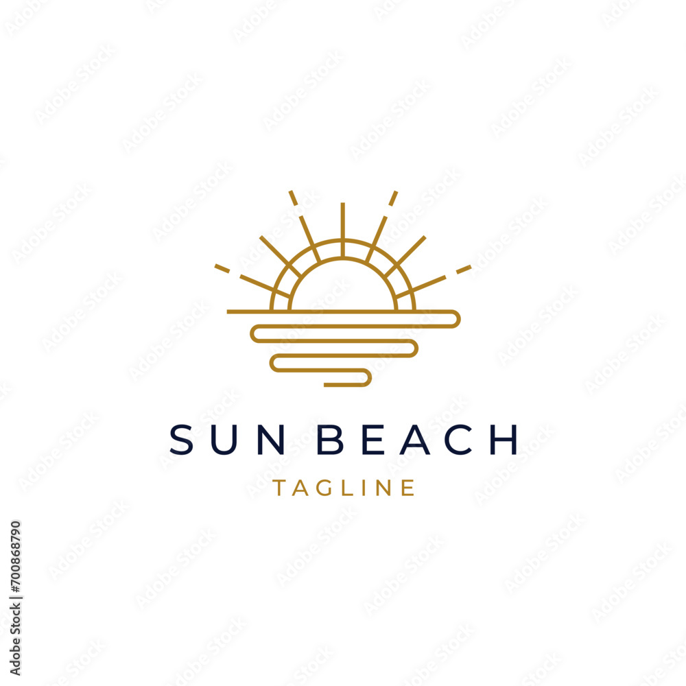 elegant hipster gold sun sunset sunrise with beach ocean sea water logo icon vector in trendy line linear style