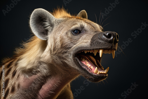Spotted Hyena growling close-up portrait on a black background.