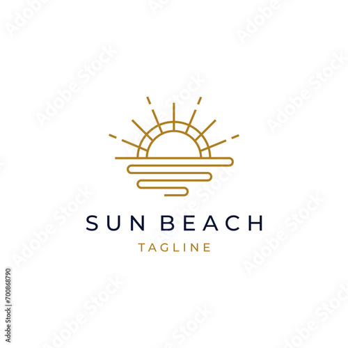 elegant hipster gold sun sunset sunrise with beach ocean sea water logo icon vector in trendy line linear style
