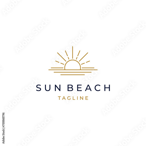 elegant hipster gold sun sunset sunrise with beach ocean sea water logo icon vector in trendy line linear, outline logo vector