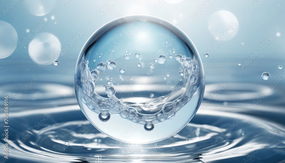 Water splash in sphere glass at the sea background.