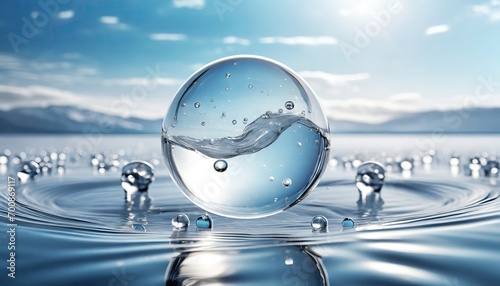Water splash in sphere glass at the sea background. photo