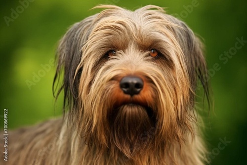 A shaggy, medium-sized dog with bushy eyebrows, beard, and mustache. It has a sturdy build and is known for its alert and confident nature. Generative AI photo