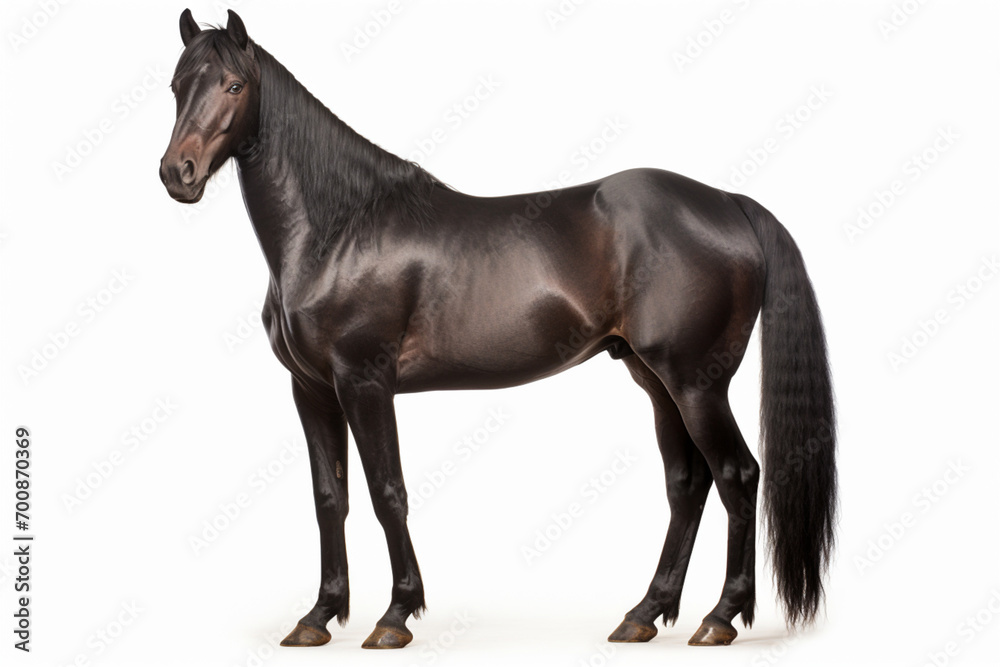 Dark bay Morgan Horse standing on a white background. Animal side portrait. Dark bay Morgan Horse standing on a white background. Animal side portrait.