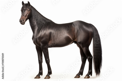 Dark bay Morgan Horse standing on a white background. Animal side portrait.
