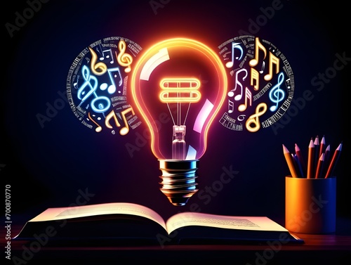 World Intellectual Property Day, April 26. Glowing Light bulb and logos of music, Inventions, industrial designs, computer codes, books, poems, films, photographs, online content with copy space photo