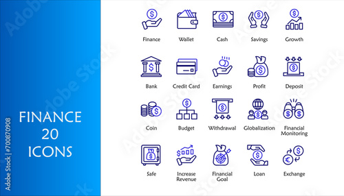 Finance icon set. Containing loan, cash, saving, financial goal, profit, budget, mutual fund, earning money and revenue icons. Outline Color icons collection
