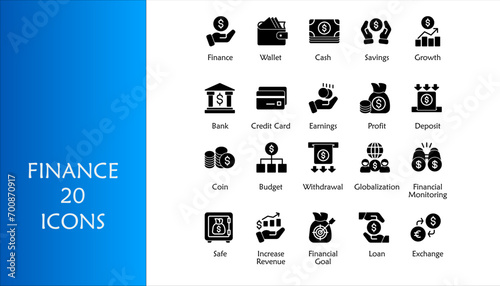 Finance icon set. Containing loan, cash, saving, financial goal, profit, budget, mutual fund, earning money and revenue icons. Solid icons collection