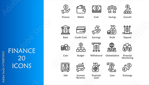 Finance icon set. Containing loan, cash, saving, financial goal, profit, budget, mutual fund, earning money and revenue icons. Outline icons collection