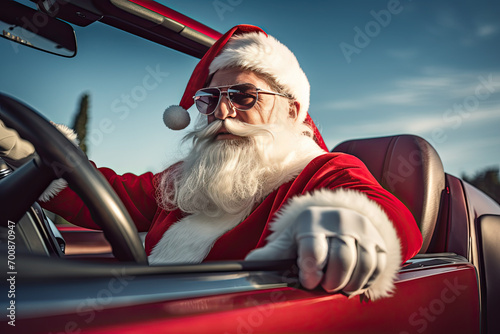 Santa Claus driving a racecar, sports car, speedster.  Father Christmas, Saint Nicholas, Saint Nick, Kris Kringle having fun, adventure, thrill, speed.
 photo