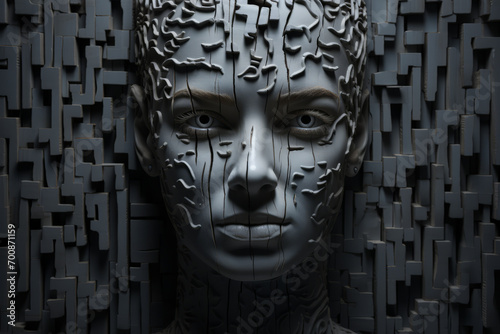A sculpture portrays a person's head, intricately detailed to resemble a metallic-faced cyborg or a female android.