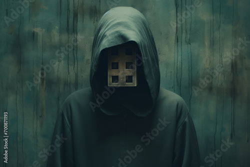 A surreal image features a faceless, hooded figure with a house obscuring his face. photo