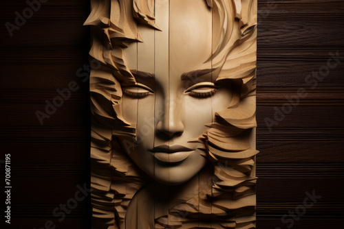 A beautiful wooden sculpture showcases a woman's face, carved with exquisite detail. photo