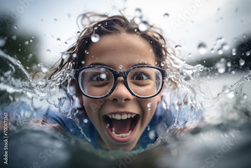 A young girl wearing glasses splashes water on her face, her excitement captured in a closeup shot. photo