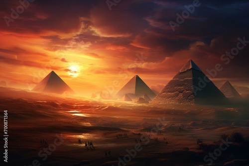 Artistic depiction of the pyramids of Giza. Generative AI