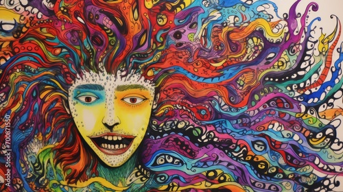 A psychedelic painting features a woman with colorful hair  evoking a sense of an LSD trip.