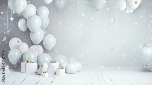 White balloons  yellow balloons  pink balloons and light blue balloons  gift boxes  for parties  birthdays  new year 