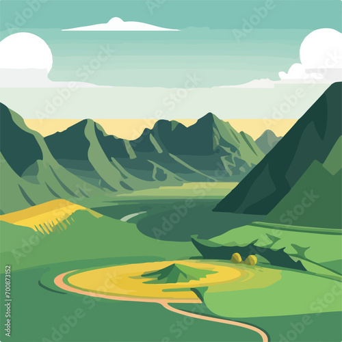 Hill landscape with Vector illustration background. Beautiful landscape vector illustration of mountains, forests, fields and meadows.