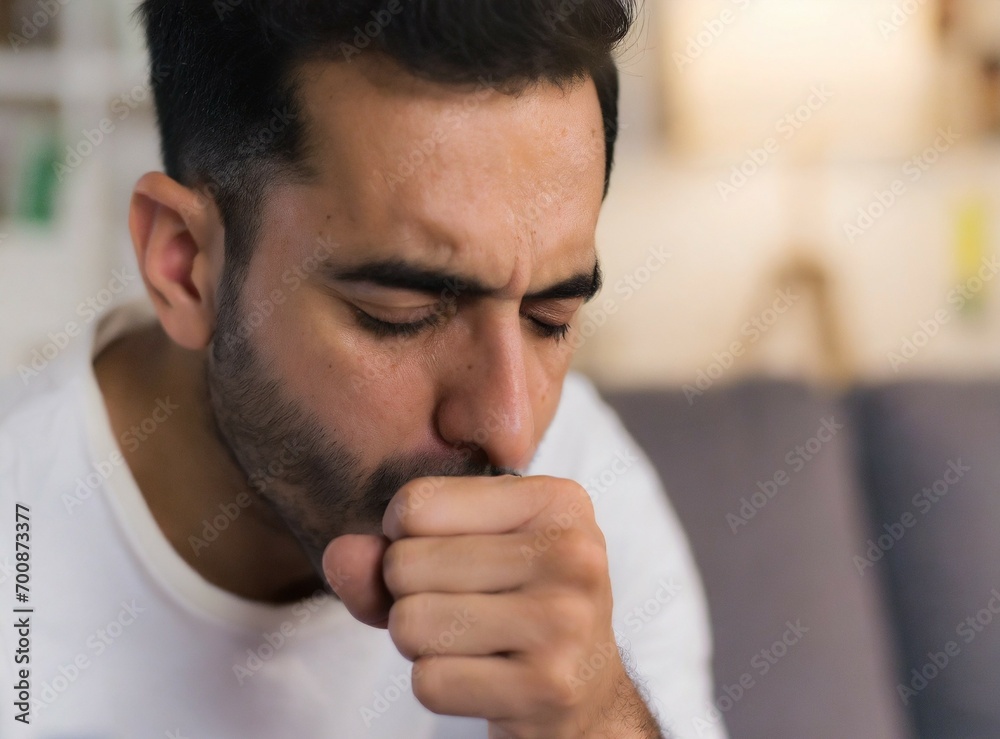 Fototapeta premium Sick Latin man coughing at home