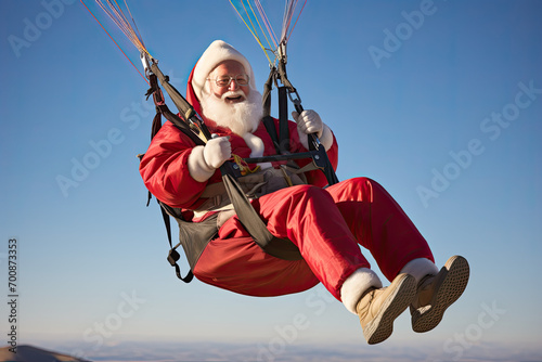 Fantasy art of Santa Claus skydiving, bungee jumping, parachute, paragliding, extreme sport, fly with gifts flying Father Christmas, Saint Nicholas, Saint Nick, Kris Kringle, fun adventure