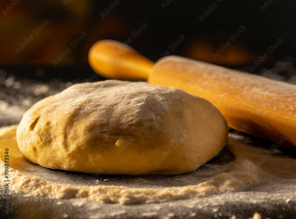 Rolling pin with bun and flour on table. Baking bread at home. Rolling pin with bun and flour on table. Baking bread at home.