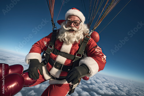 Fantasy art of Santa Claus skydiving, bungee jumping, parachute, paragliding, extreme sport, fly with gifts flying Father Christmas, Saint Nicholas, Saint Nick, Kris Kringle, fun adventure