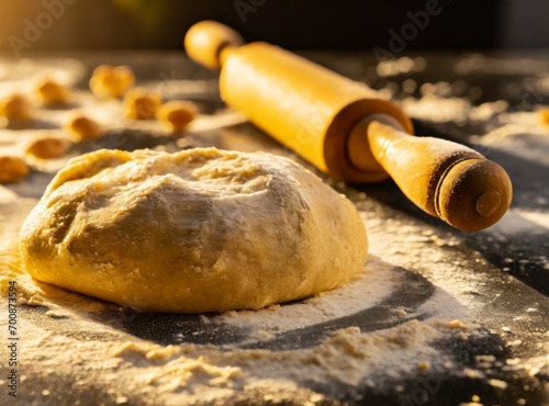 Rolling pin with bun and flour on table. Baking bread at home.