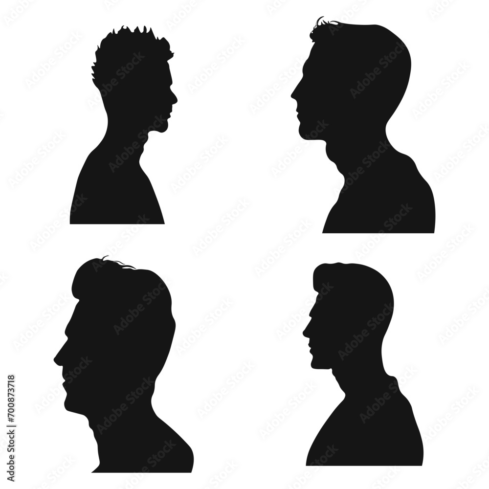 Set of Man Head Silhouette. In Different Hairstyle. Isolated On White Background. Vector Illustration