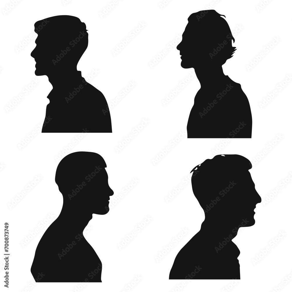 Set of Man Head Silhouette. In Different Hairstyle. Isolated On White Background. Vector Illustration