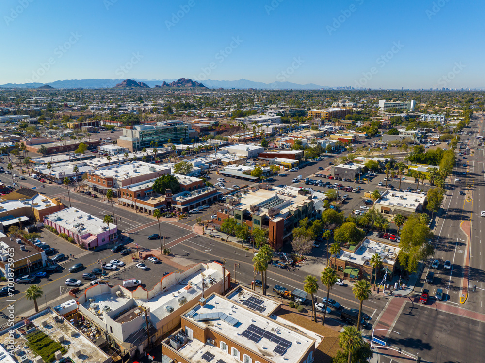 Scottsdale city center aerial view on Scottsdale Road at Indian School Road at the background in city of Scottsdale, Arizona AZ, USA. 