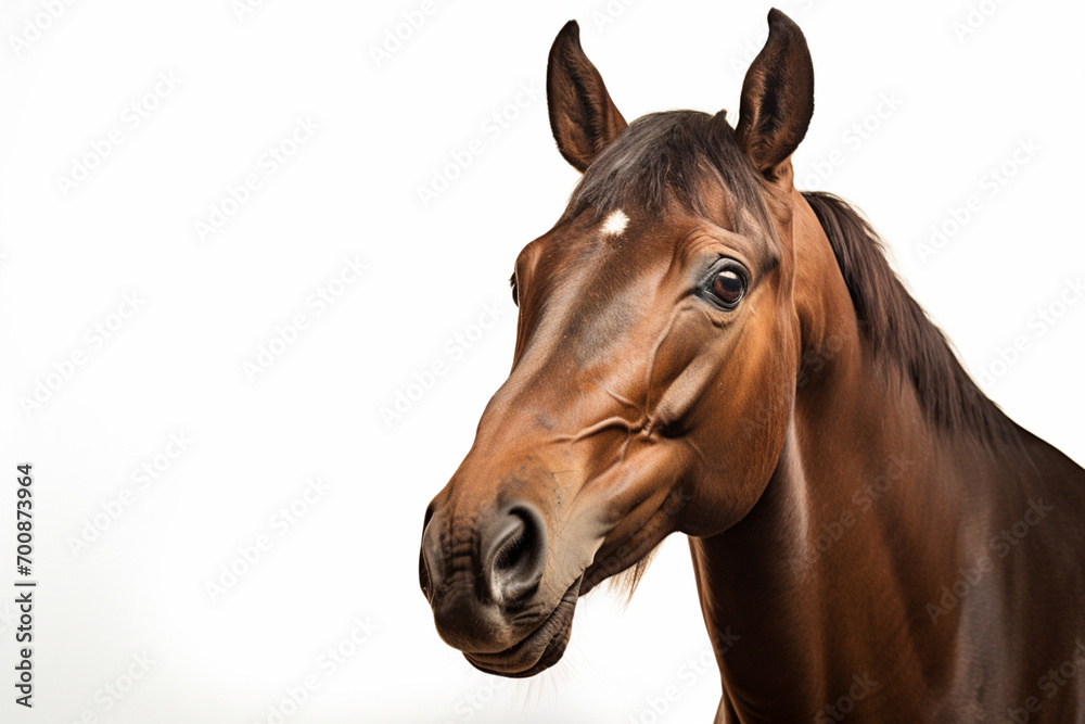 Fototapeta premium Thoroughbred horse close-up portrait on a white background.
