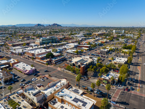 Fototapeta Naklejka Na Ścianę i Meble -  Scottsdale city center aerial view on Scottsdale Road at Indian School Road at the background in city of Scottsdale, Arizona AZ, USA. 