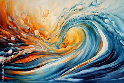 Abstract blue water waves colorful oil painting art, and abstract wind waves in the sky with yellow. blue, and golden  color mix