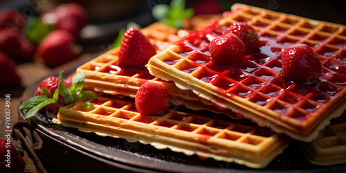 cake with strawberries and chocolate, Top view strawberry jam and waffles on black background, Strawberries and wafer on a white plate, generative AI

 photo