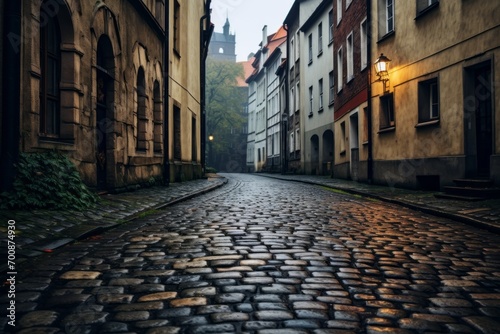 A cobblestone road in a medieval city, full of charm
