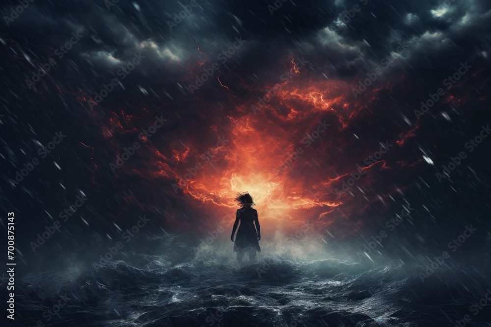 A person's silhouette in a storm, depicting inner chaos and distress