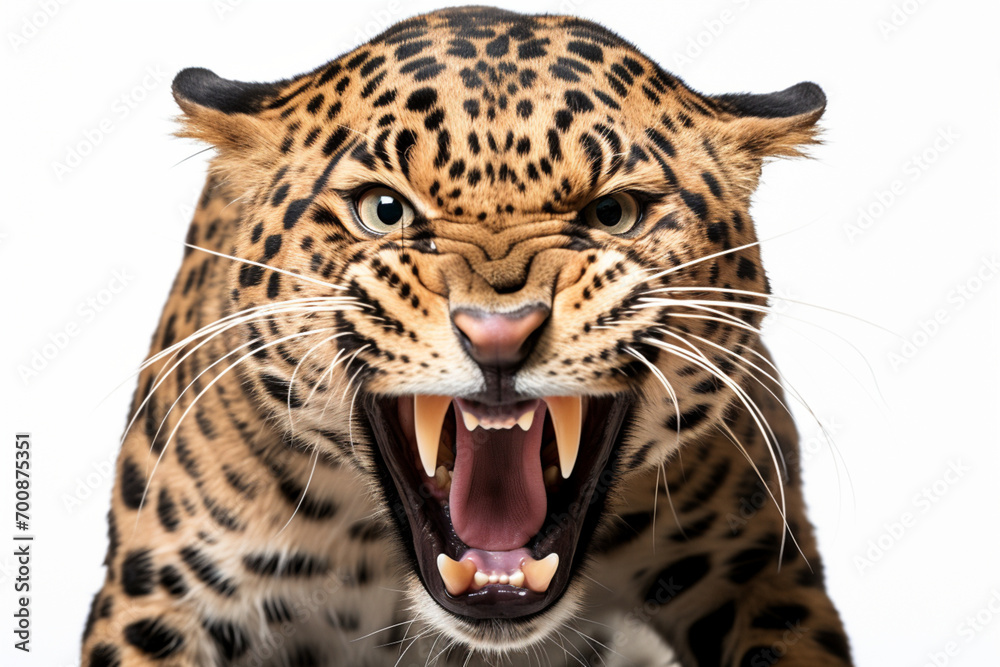 Jaguar growling close-up portrait on a white background. Jaguar growling close-up portrait on a white background.