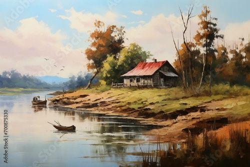 Traditional painting of rustic riverside home. Generative AI