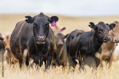 Close up of Stud Beef bulls and cows grazing on grass in a field, in Australia. eating hay and silage. breeds include murray grey, angus, brangus and wagyu. © William