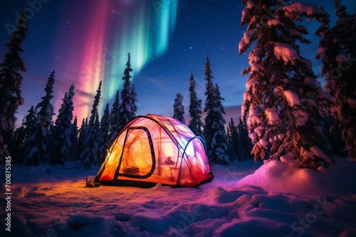A glowing tent surrounded by snow and trees, with colorful lights in the sky, found in Yellowknife, Canada. Generative AI