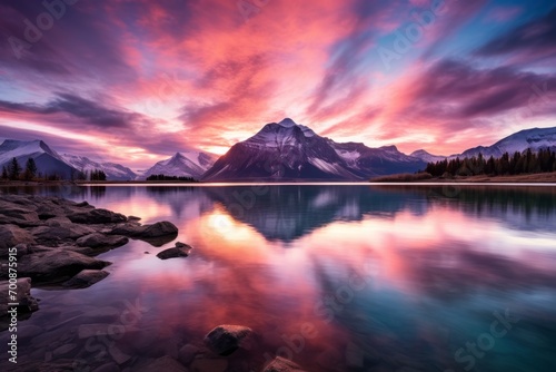 Sunrise sky background over a serene lake with a mountain backdrop
