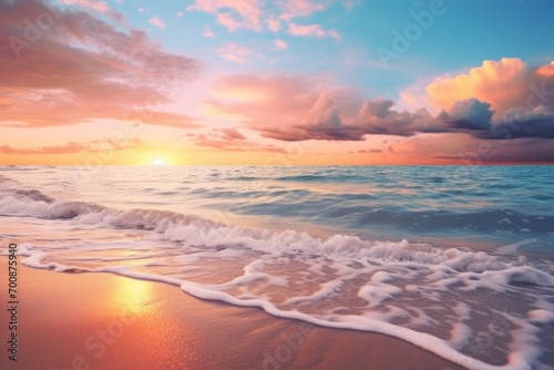 Tranquil ocean sunset sky background with gentle waves on the shore © KerXing