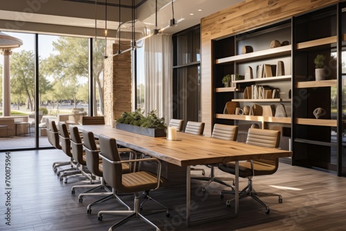 Warm and inviting conference room with wood accents and natural light