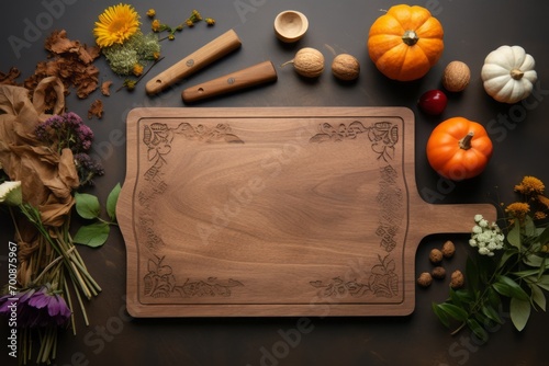 Wholesome kitchen mockup with autumn ingredients, a cutting board, and utensils