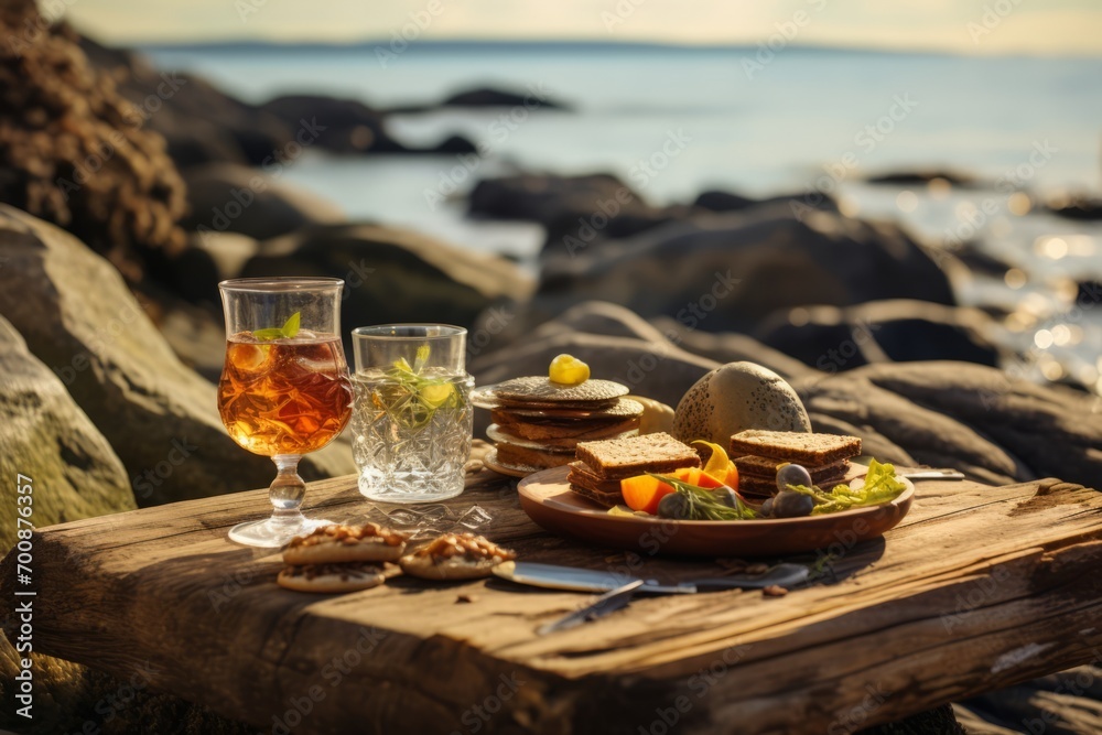 A seaside picnic with glasses of rum punch placed on a driftwood table, inviting viewers to imagine a coastal feast