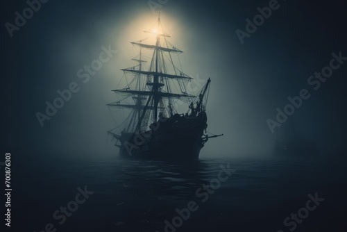 A pirate ship navigating through a dense fog, shrouded in mystery as they traverse perilous waters