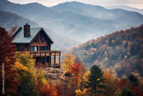 A picturesque shot of a cabin nestled in a valley, surrounded by rolling hills adorned with fall foliage, invoking a sense of autumn retreat